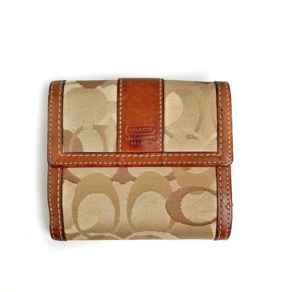 Coach Beige Monogram Trifold Wallet Cognac Leather Trim Y2K Small Snap Vintage - Picture 1 of 13
